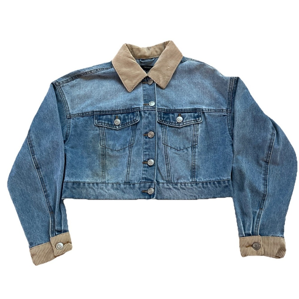 Forever 21 Women's Cropped Denim Jean Jacket With Corduroy Collar Size‎ Small